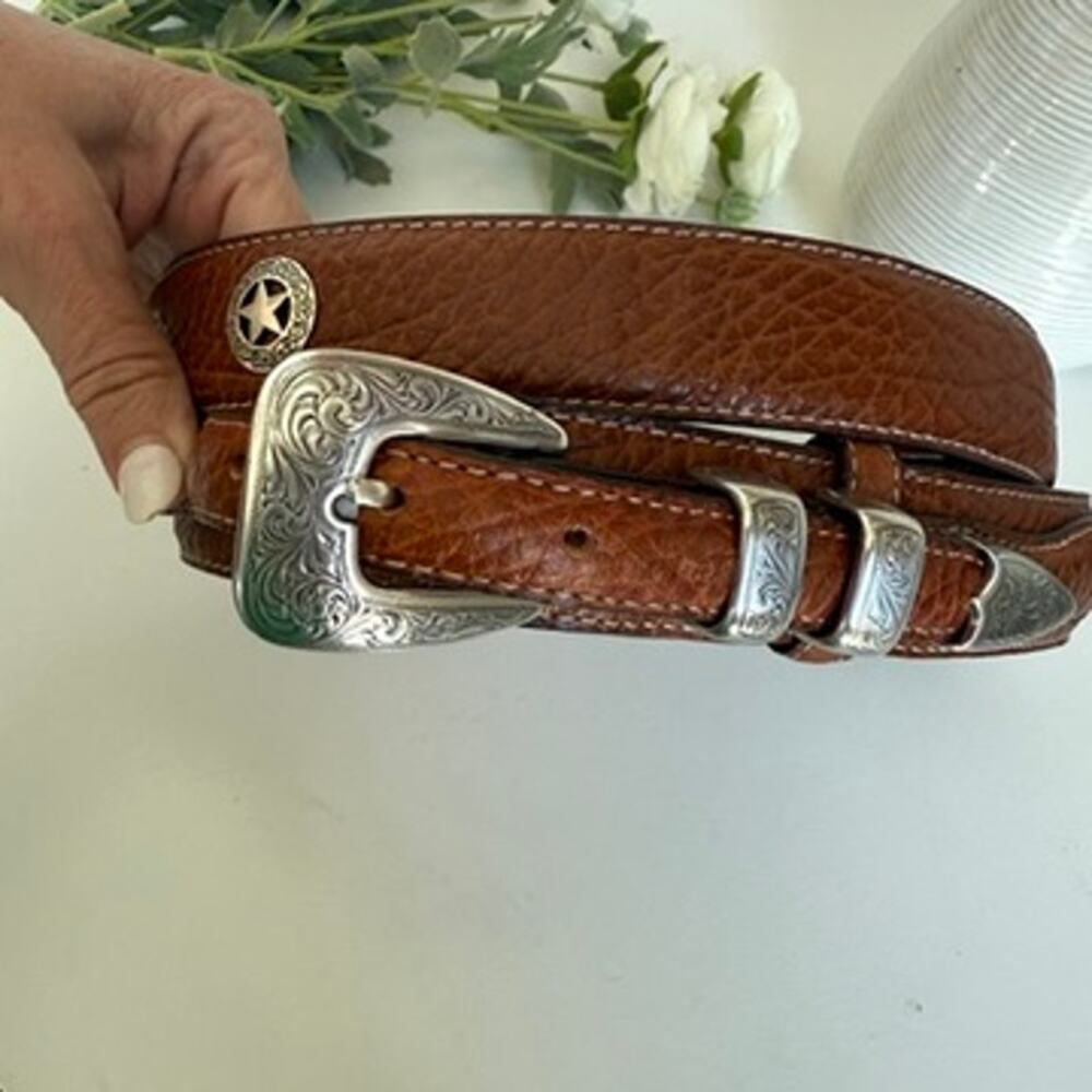 Western Tooled Silver Buckle‎ Belt American Bison Leather Brown Size 48 Cowboy - Picture 7 of 9